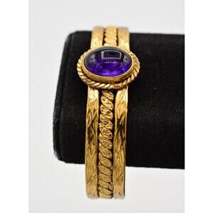 Ixel Vintage Cabochon Cuff Bangle Bracelet Purple Gold Tone Signed 1980s Bin5